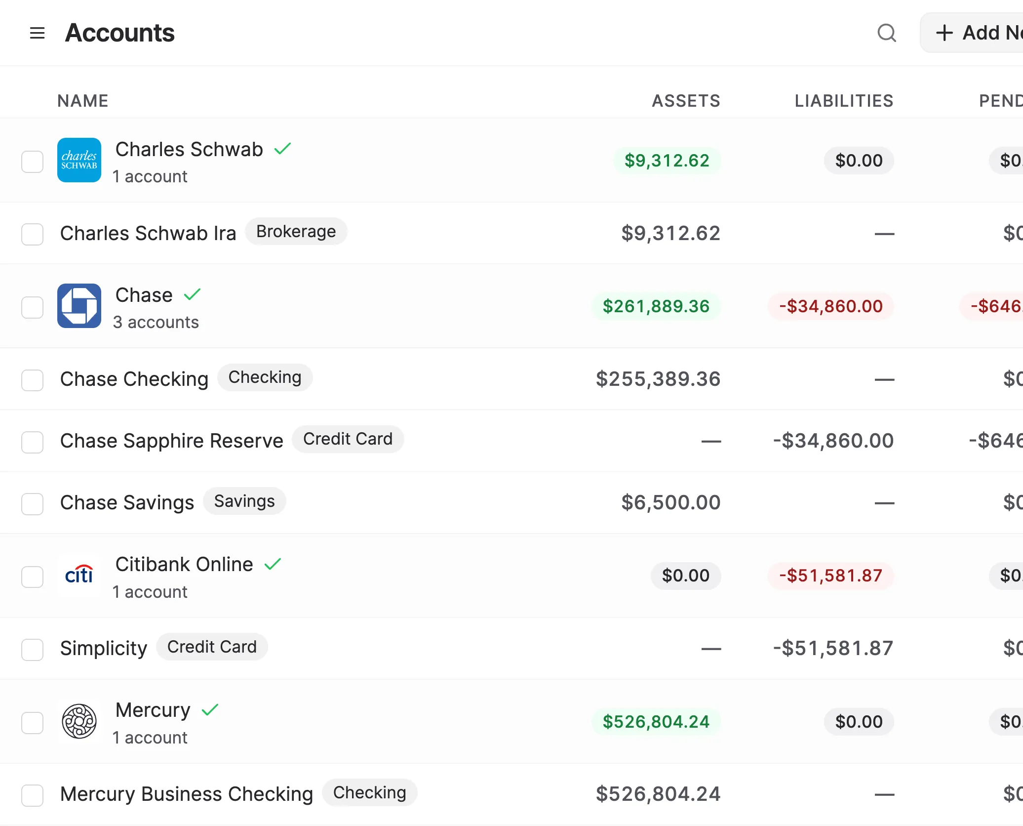 List of bank accounts connected in Balance
