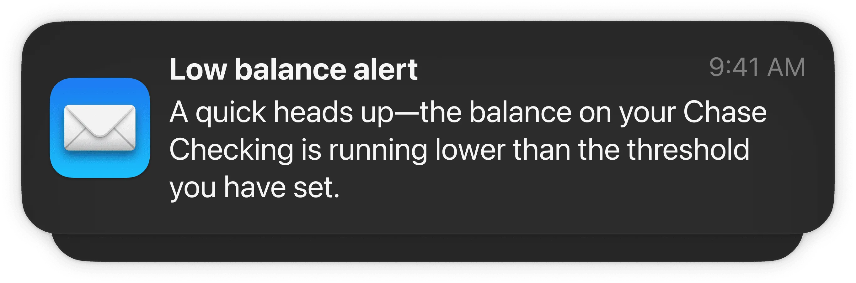 Low balance notifications indicating balances on some accounts are running lower than the threshold amount