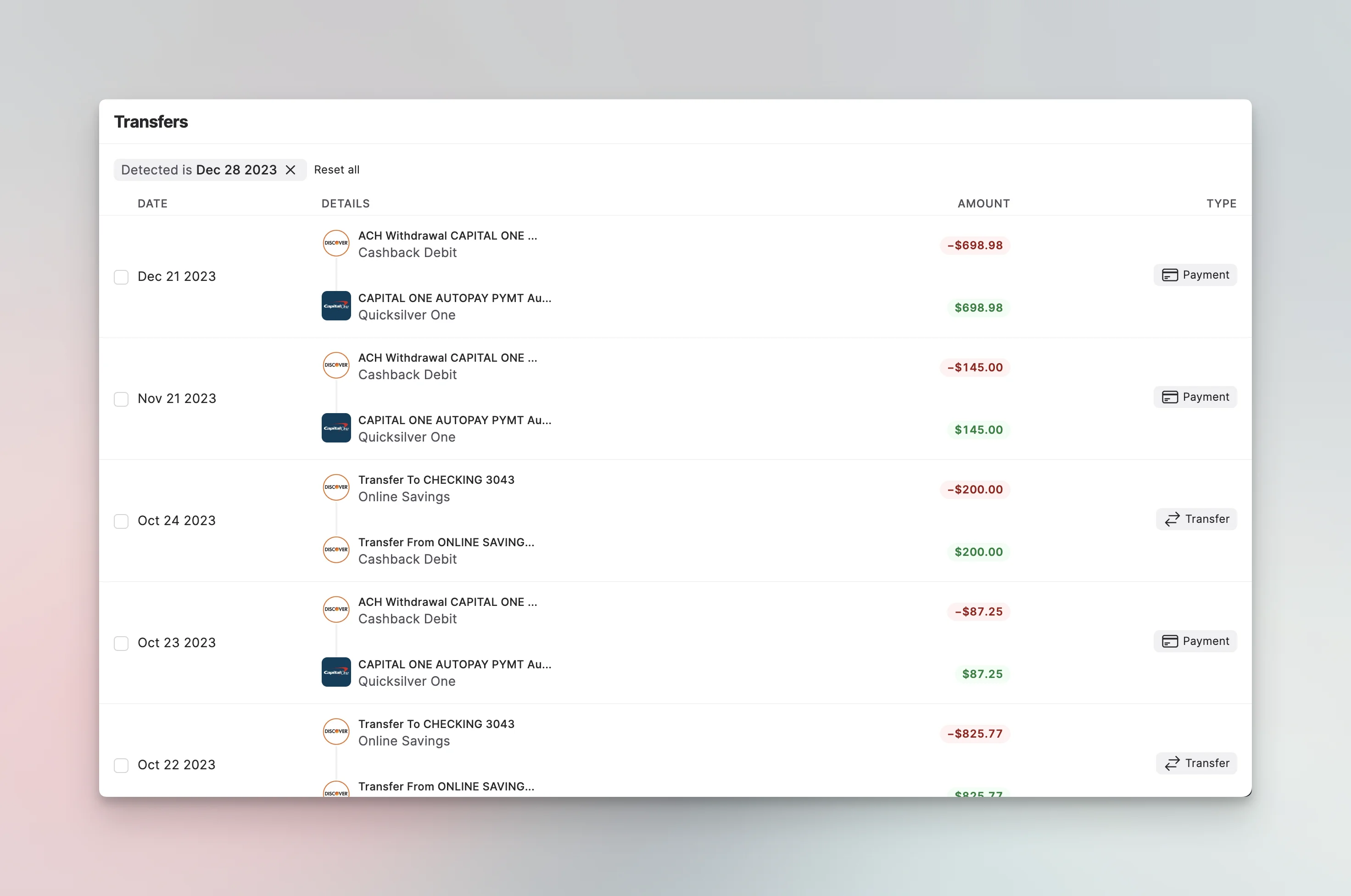 Payment and Transfer Detection
